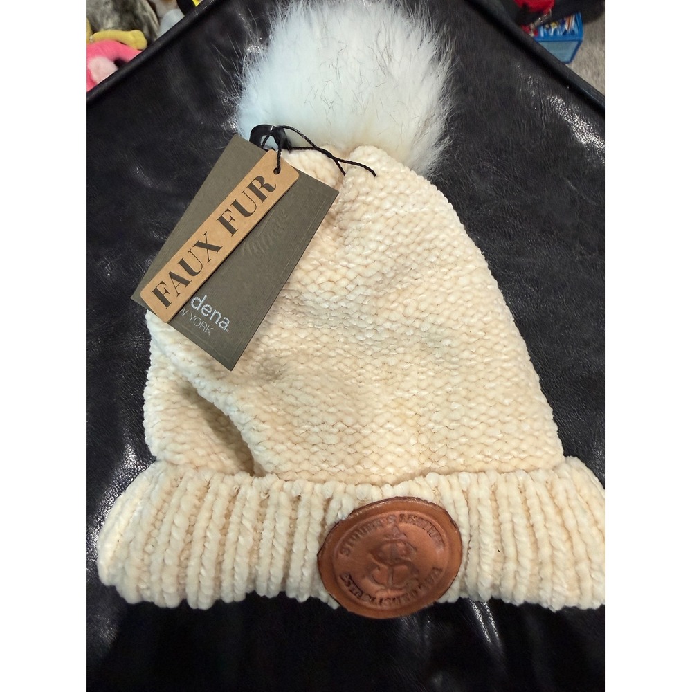 Madena New‎ York Cream Chenille Faux Fur Pom Beanie Hat